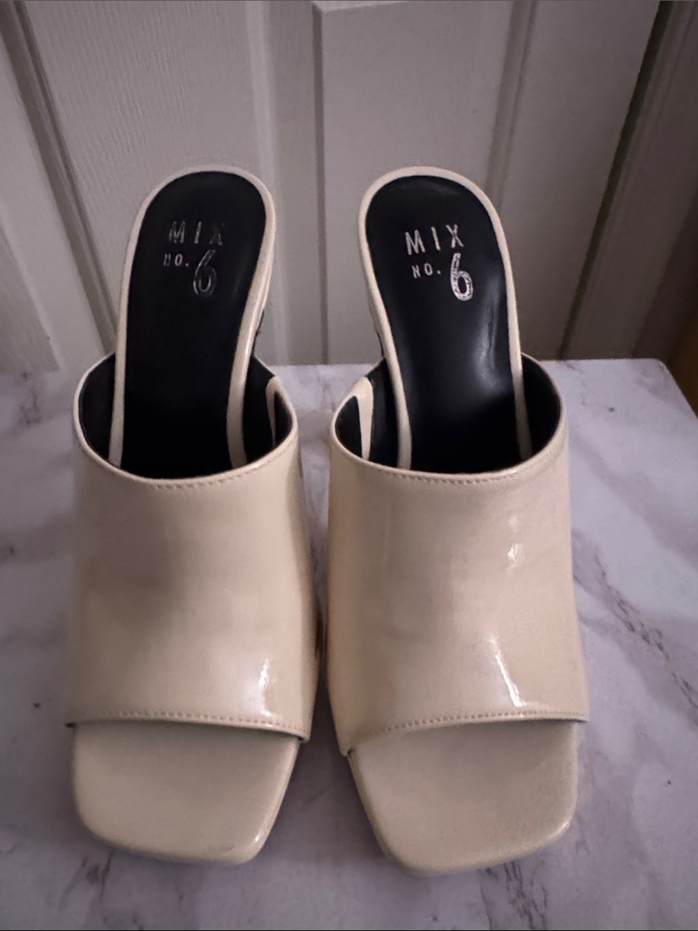 Mix No. 6 Patent Cream Open-Toe Mule Heels